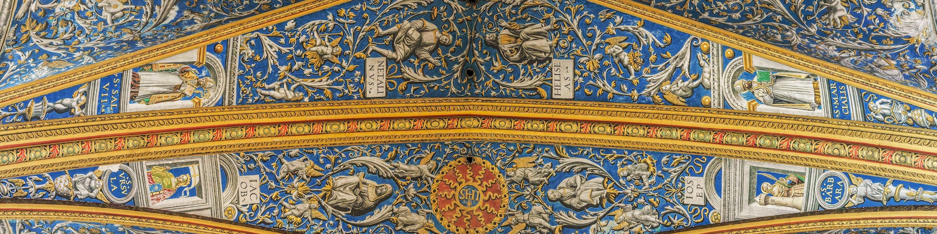 A detailed ceiling with intricate frescoes, geometric patterns, and inscriptions.