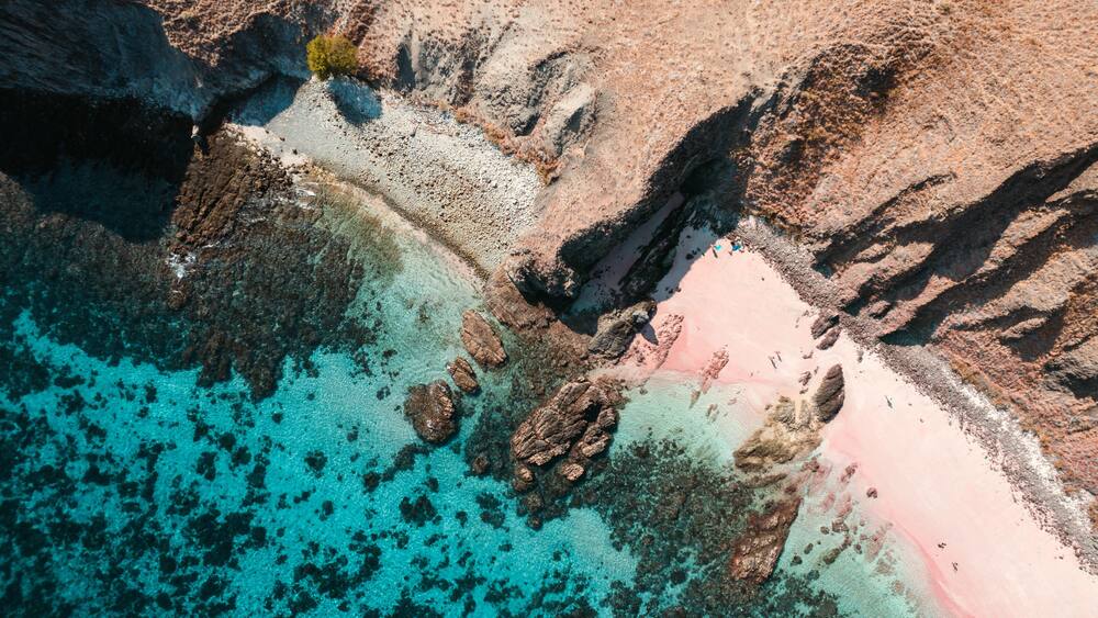 Aerial view of the pink beach of Komodo, Indonesia, panoramic view