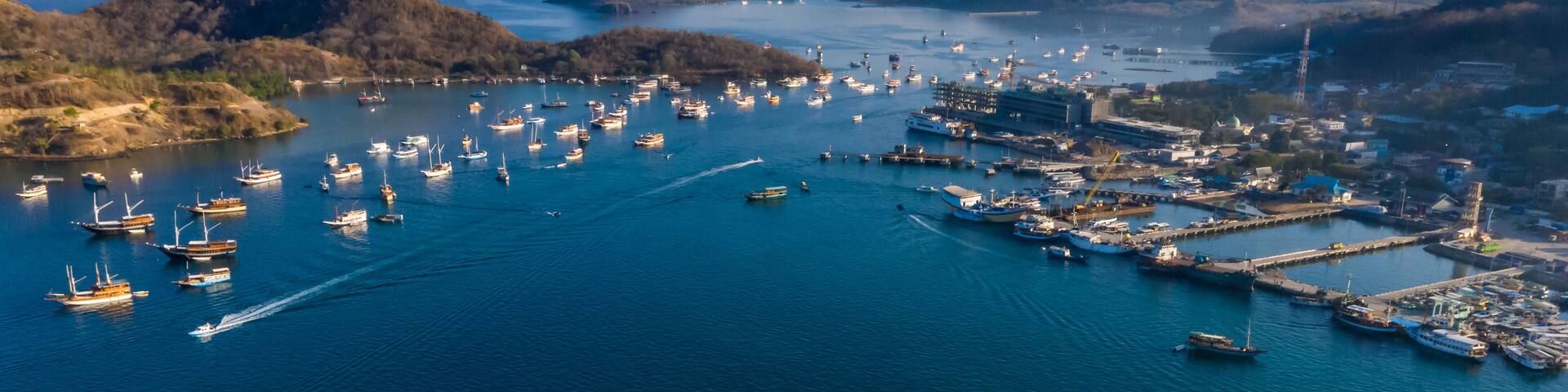 Labuan Bajo Harbour. Where the Komodo Dragon trip begin. Labuan Bajo is a fishing town located at the western end of the large island of Flores in the Nusa Tenggara region of east Indonesia.