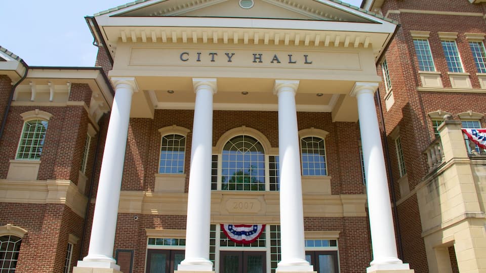 A brick building with 'CITY HALL' inscribed above the entrance, flanked by columns, and a year '2007' displayed on the facade.