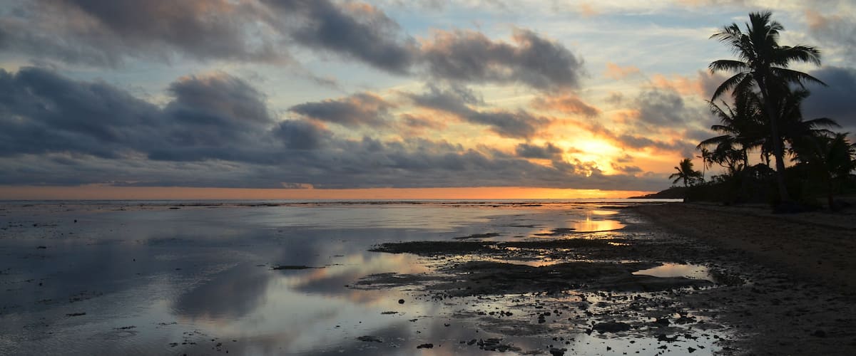 A beach with a sunset, palm trees, and a calm sea.