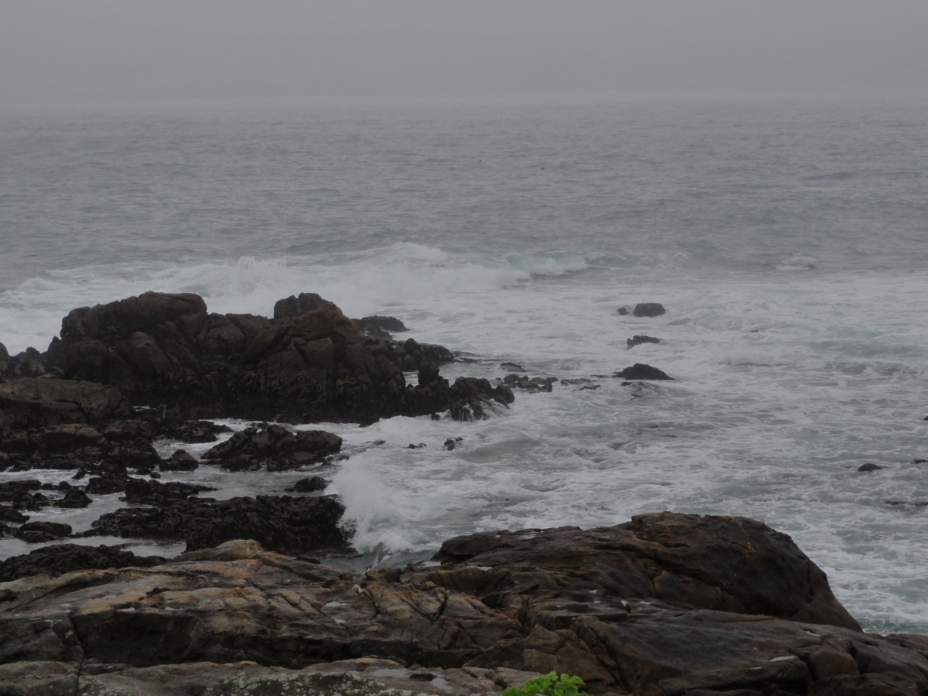 A rocky coastline with turbulent waves crashing against the rocks.