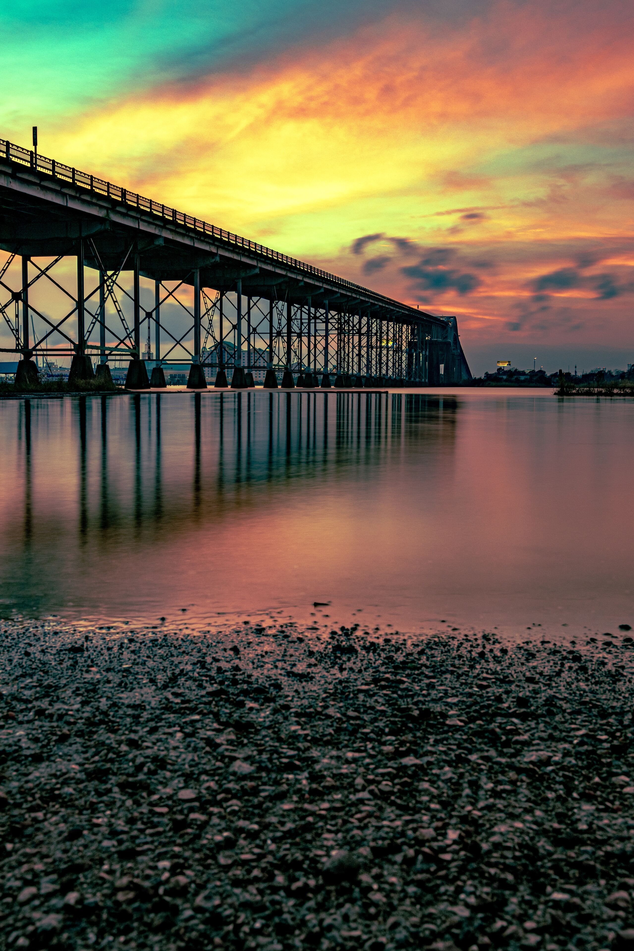 A very colorful sunset over Calcasieu River Bridge in Lake Charles, Louisiana
