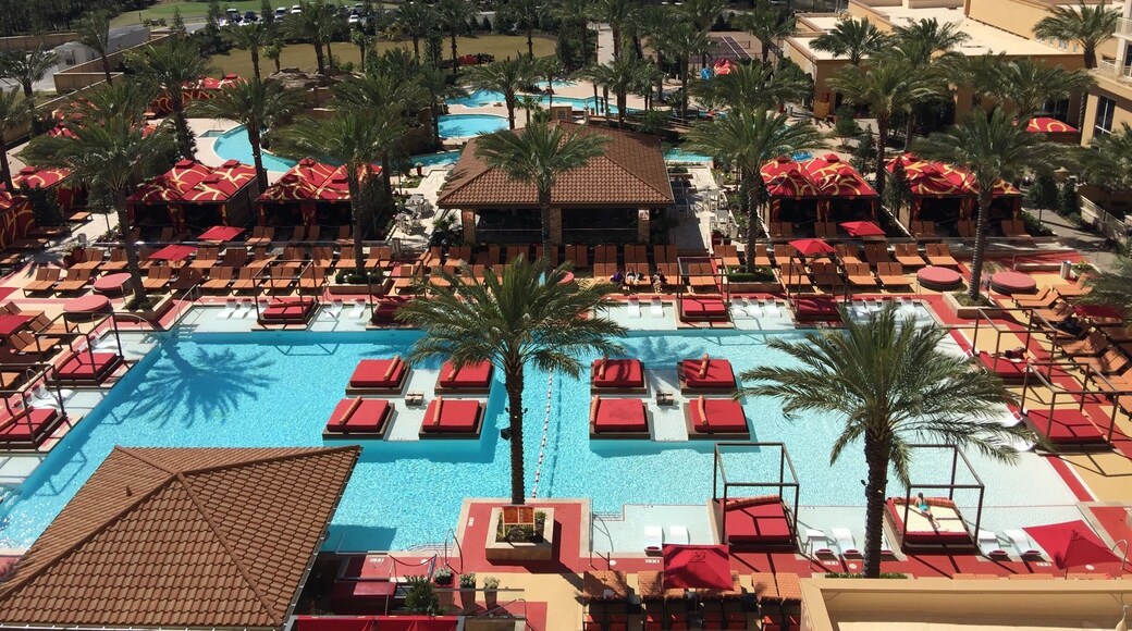 View of pool from hotel room balcony