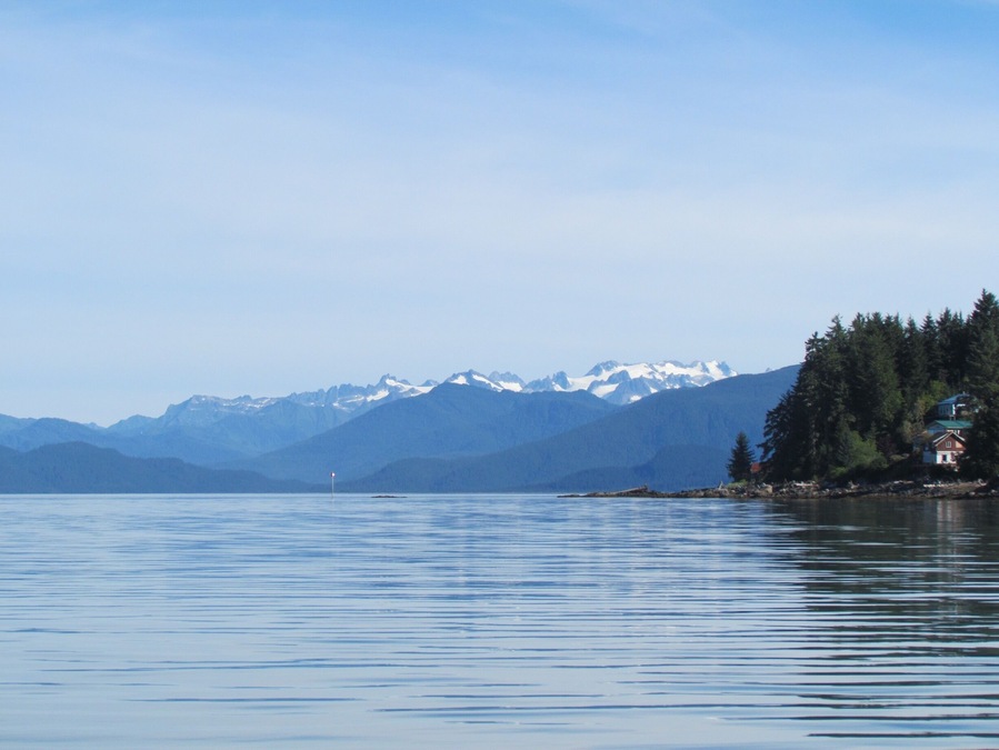 Heading out of Wrangell Alaska to go up the Stikine River , with Alaska Waters boat tours, to see Shakes Glacier. Stunning views. This was the beginning of August and the mountains still had snow on the tops.