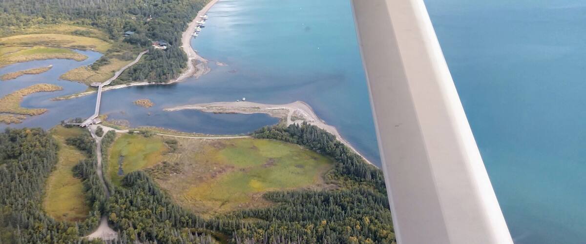 Alaska proves time and time again why some views are best seen from above. Nothing quite gets you in the #Adventure spirit like a jolting ride on a float plane, which serves as the main method of transit for guests to Brooks Falls in Katmai National Park. This areal view shows the newly installed lower river platform. While not as popular as the more famous falls viewing platform, the wide lower river platform is a lovely place to find solace from the crowds.