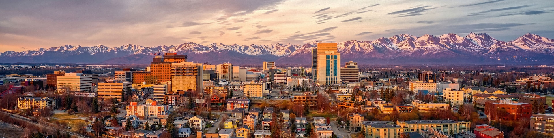 Aerial View of a Sunset over Downtown Anchorage, Alaska in Spring