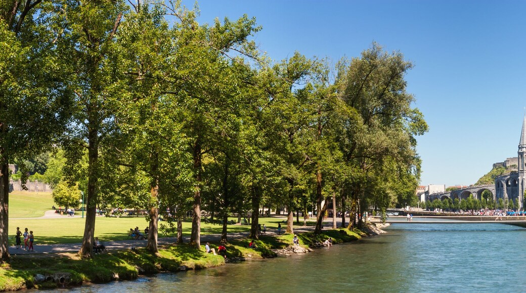 Panoramic view of the city Lourdes - the Sanctuary of Our Lady of Lourdes, the Hautes-Pyrenees department in the Occitanie region in south-western France.