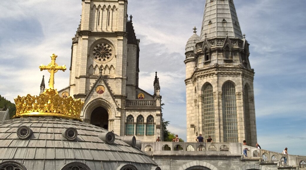 Rosary basilica and golden crown in Lourdes (Hautes-Pyrénées, France).