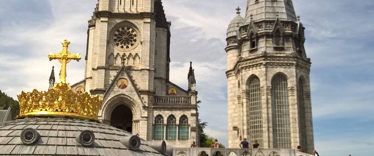 Rosary basilica and golden crown in Lourdes (Hautes-Pyrénées, France).