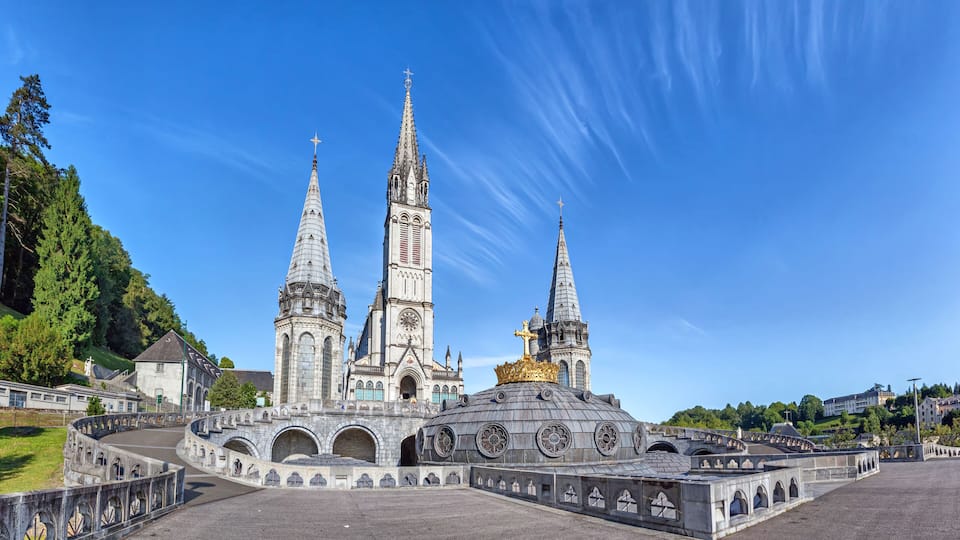 Panoramic view of Rosary Basilica in Lourdes
