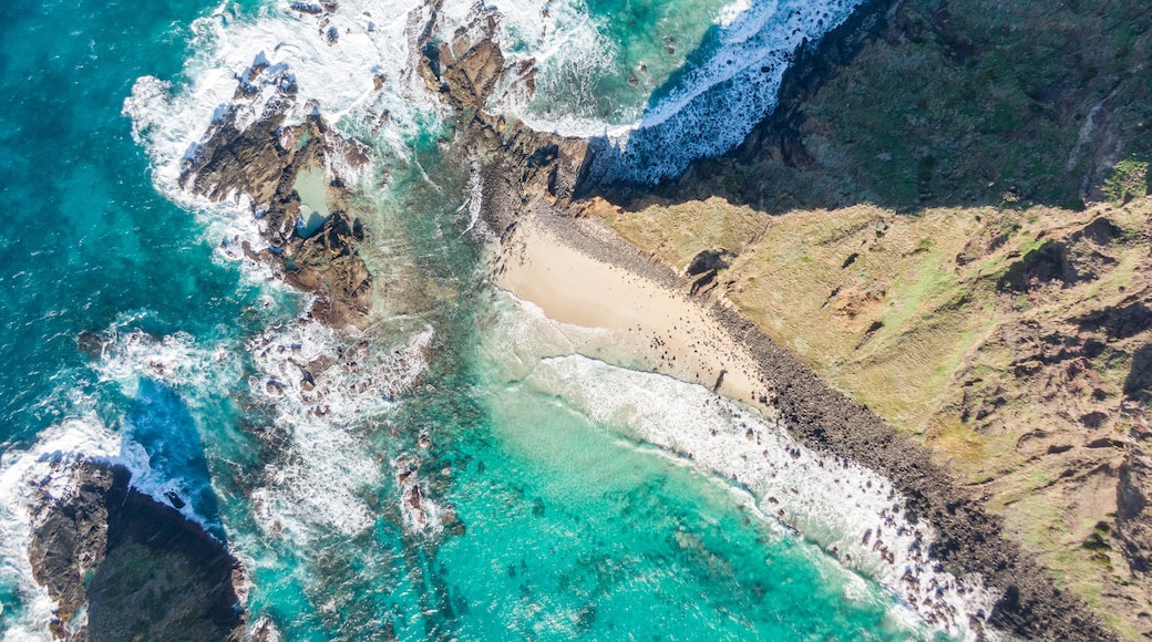 A coastal landscape with turquoise waters, rocky cliffs, and a sandy beach.