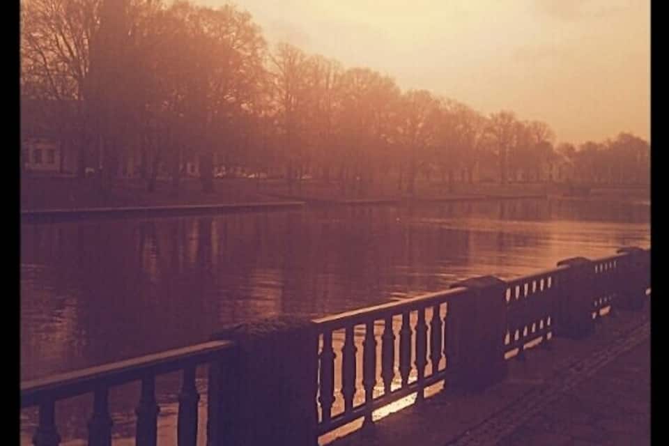 Un río con un puente y árboles al fondo.
