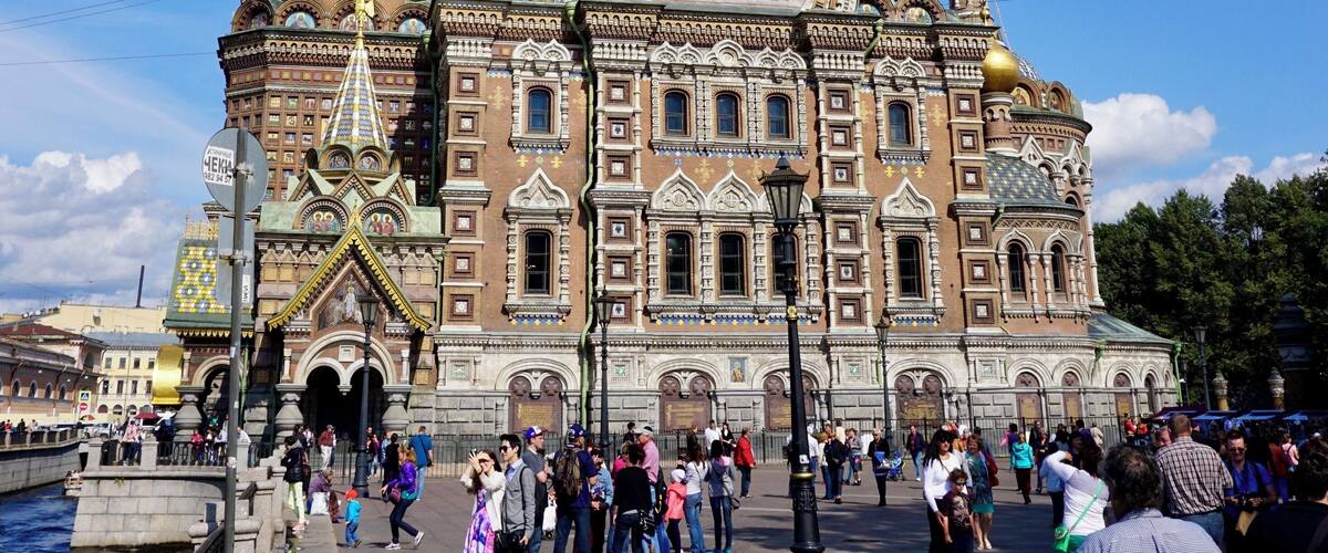 The five-domed Russian Orthodox Church of the Savior on Spilled Blood (also known as the Church of the Resurrection of Christ), St Petersburg, Russia (Aug 2014).