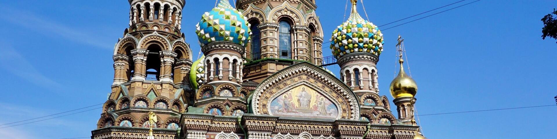 The five-domed Russian Orthodox Church of the Savior on Spilled Blood (also known as the Church of the Resurrection of Christ), St Petersburg, Russia (Aug 2014).
