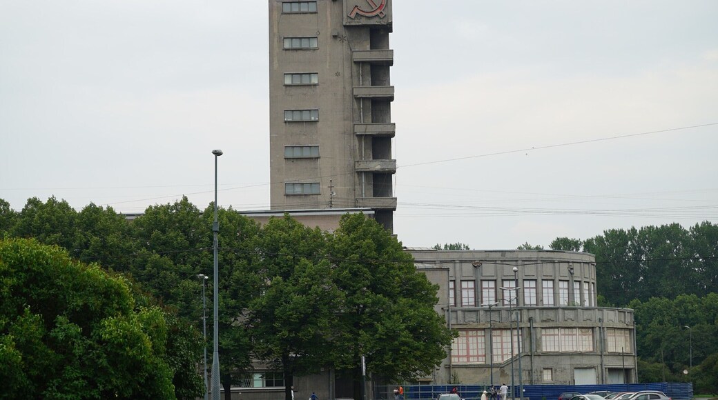 This is the only building I have seen in Russia so far that displays the hammer and sickle of the former USSR.