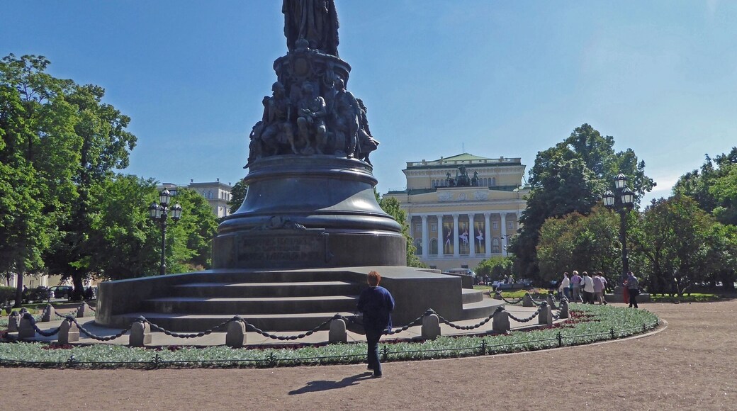 Monument to Catherine The Great in Astrovskogo Square in front of the Alexandrinsky Theatre. This is just off Nevski Prospect (Nevski Avenue) the main street in St Petersburg.