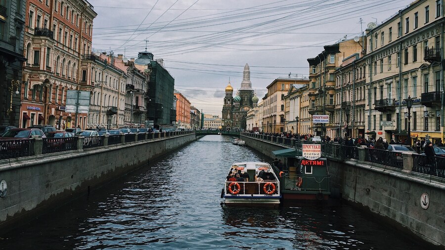 A river in St. Petersburg with a view of the Church of the Savior on Spilled Blood.