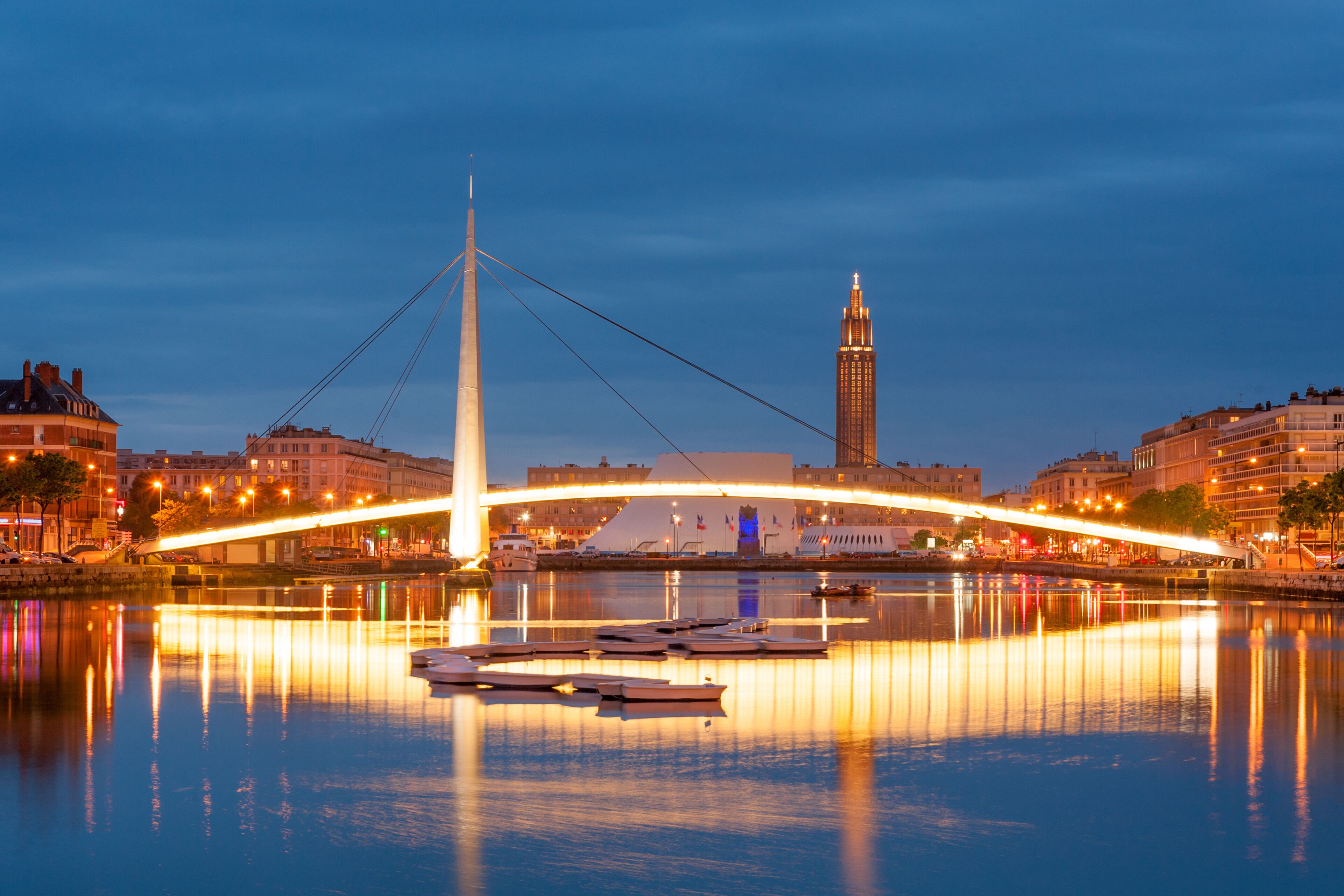 Footbridge across Commerce Basin in the heart of Le Havre city, France