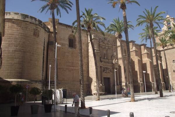 The huge square and imposing fortress-like cathedral in Almeria