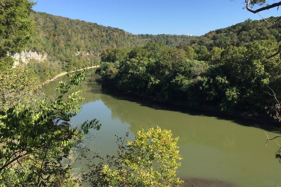A river winding through a forested valley with a dirt path along the riverbank.
