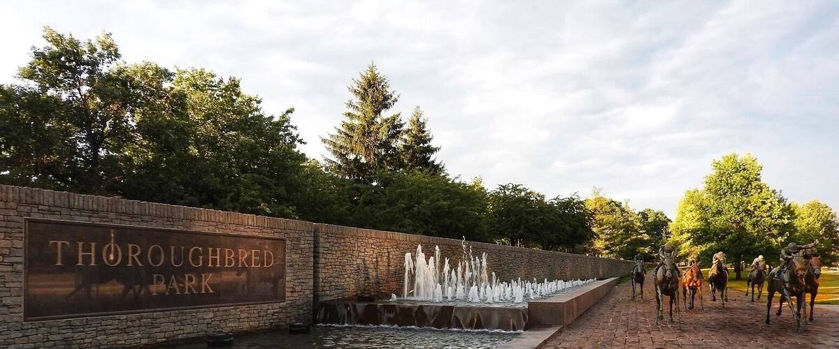 This 2.5 acre park dedicated to the Thoroughbred industry contains seven life-size and lifelike bronze racehorses streaking toward the finish line. (June 2015)
