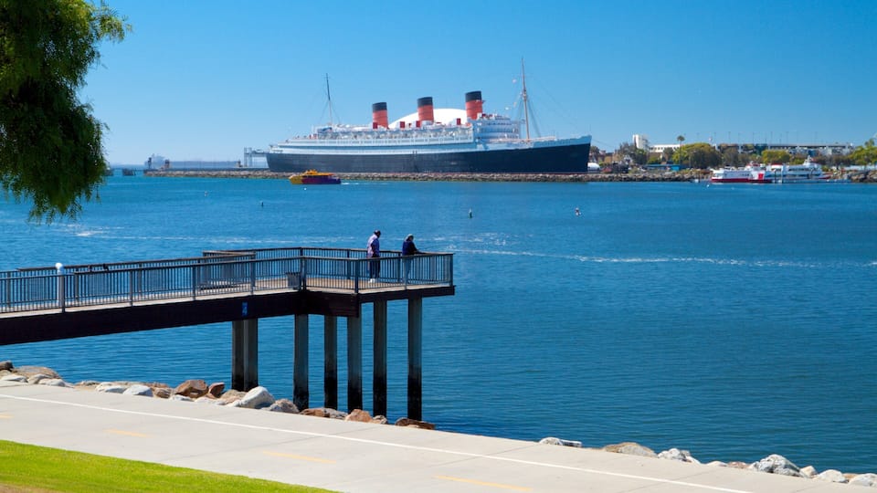 A pier extending into a body of water with a large ship docked in the background.