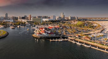 Aerial view of Downtown Long Beach from above Queensway Bay at Golden Hour