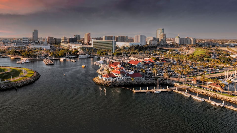 Aerial view of Downtown Long Beach from above Queensway Bay at Golden Hour