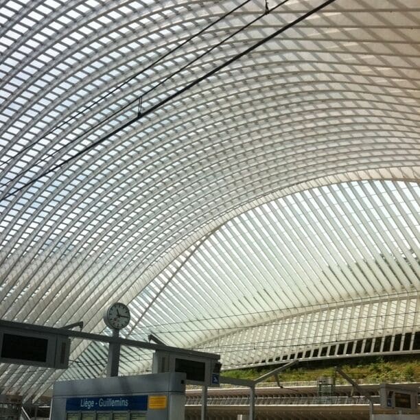 A covered train station with a curved roof and a clock.