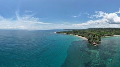 A tropical island with clear turquoise waters and a sandy beach.