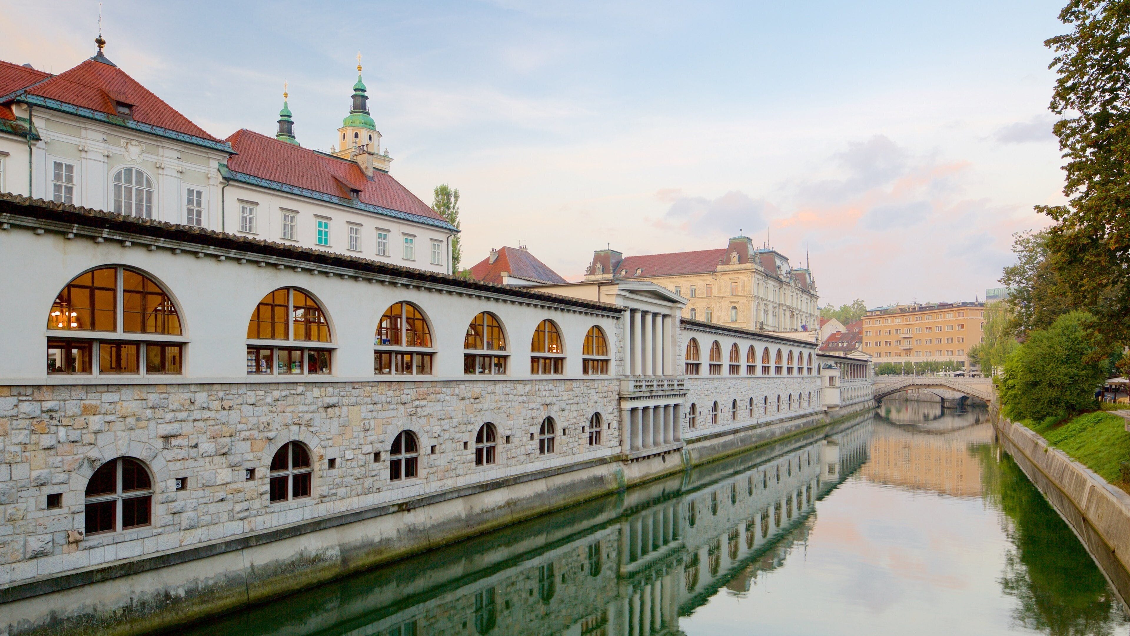 Ljubljana toont een rivier of beek en een stad