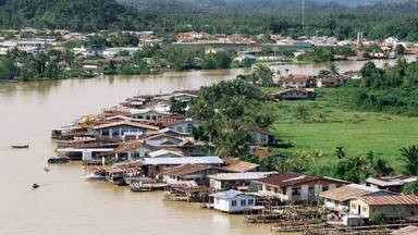 Stilt houses along Limbang River, Limbang City, Sarawak, Malaysia, island of Borneo