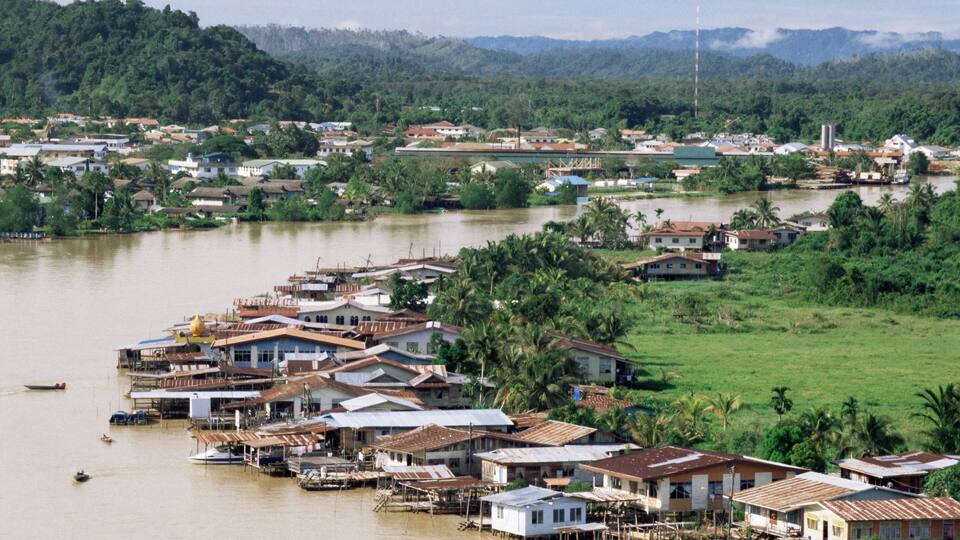 Stilt houses along Limbang River, Limbang City, Sarawak, Malaysia, island of Borneo