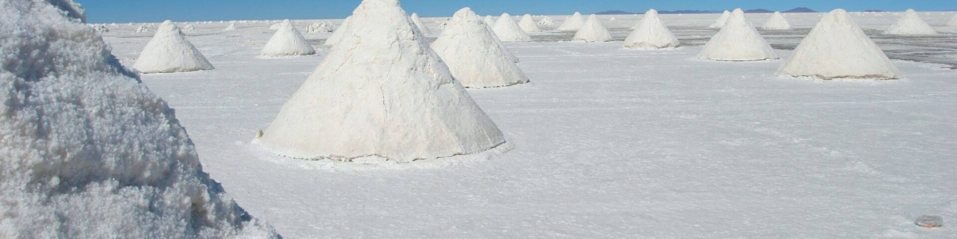 A vast salt flat with numerous white salt formations.
