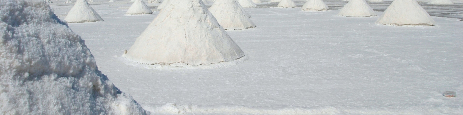 Una extensa planicie salina con numerosas formaciones de sal blanca.