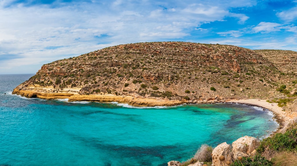 A coastal landscape with a clear blue sea, rocky cliffs, and sparse vegetation.