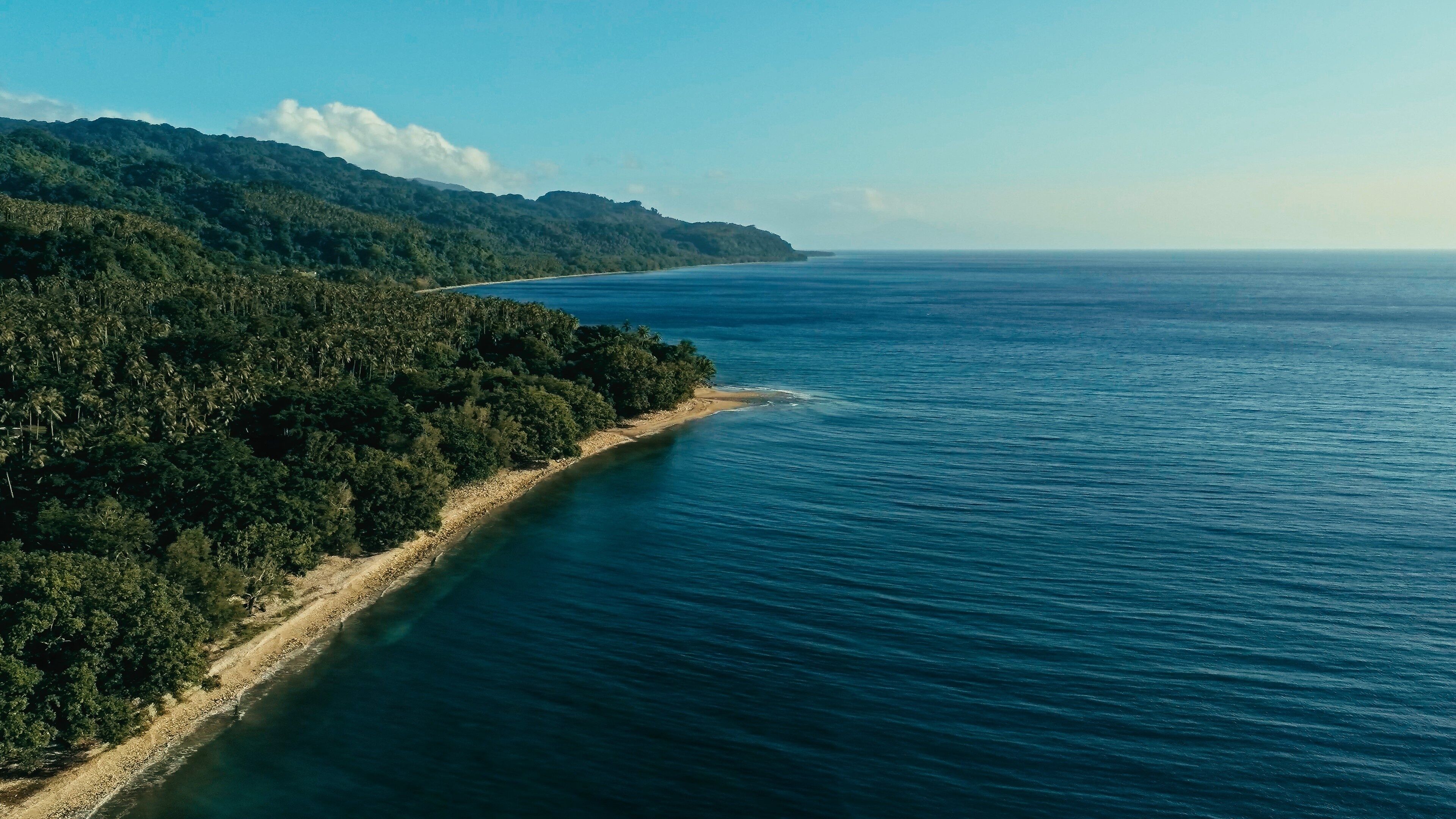 aerial drone image of a remote south pacific island with sandy beach shore and beautiful ocean sea seascape and lush tropical rainforest jungle