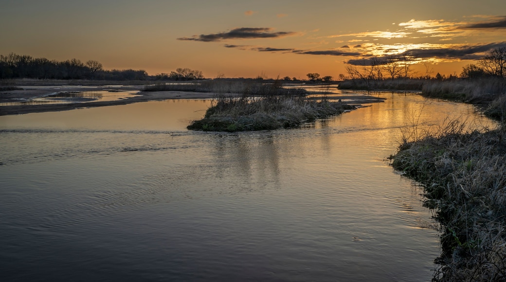 springtime sunrise over wide and shallow Platte River near Kearney, Nebraska