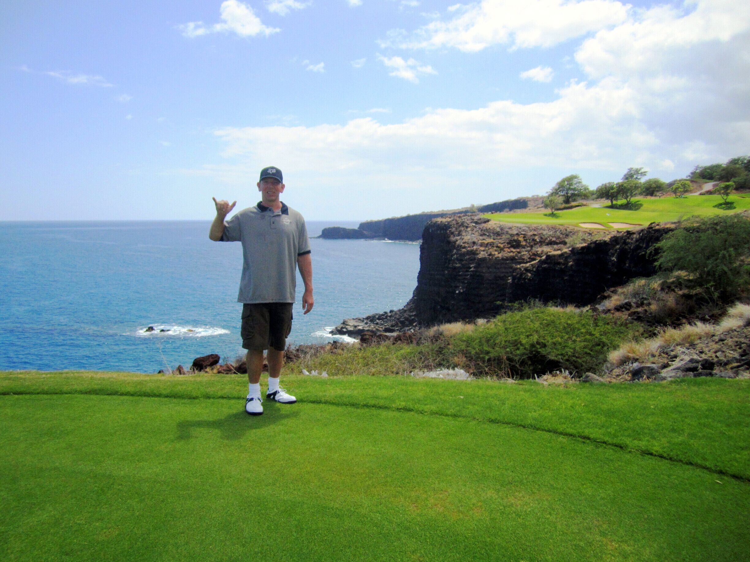 This is the famous golf hole 12 at Manele where Mr. Gates married, of course.  It overlooks the blue Pacific Ocean.  If you are lucky you can spot humpback whales and dolphins passing by.
