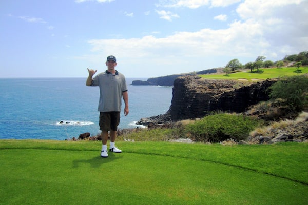 This is the famous golf hole 12 at Manele where Mr. Gates married, of course. It overlooks the blue Pacific Ocean. If you are lucky you can spot humpback whales and dolphins passing by.