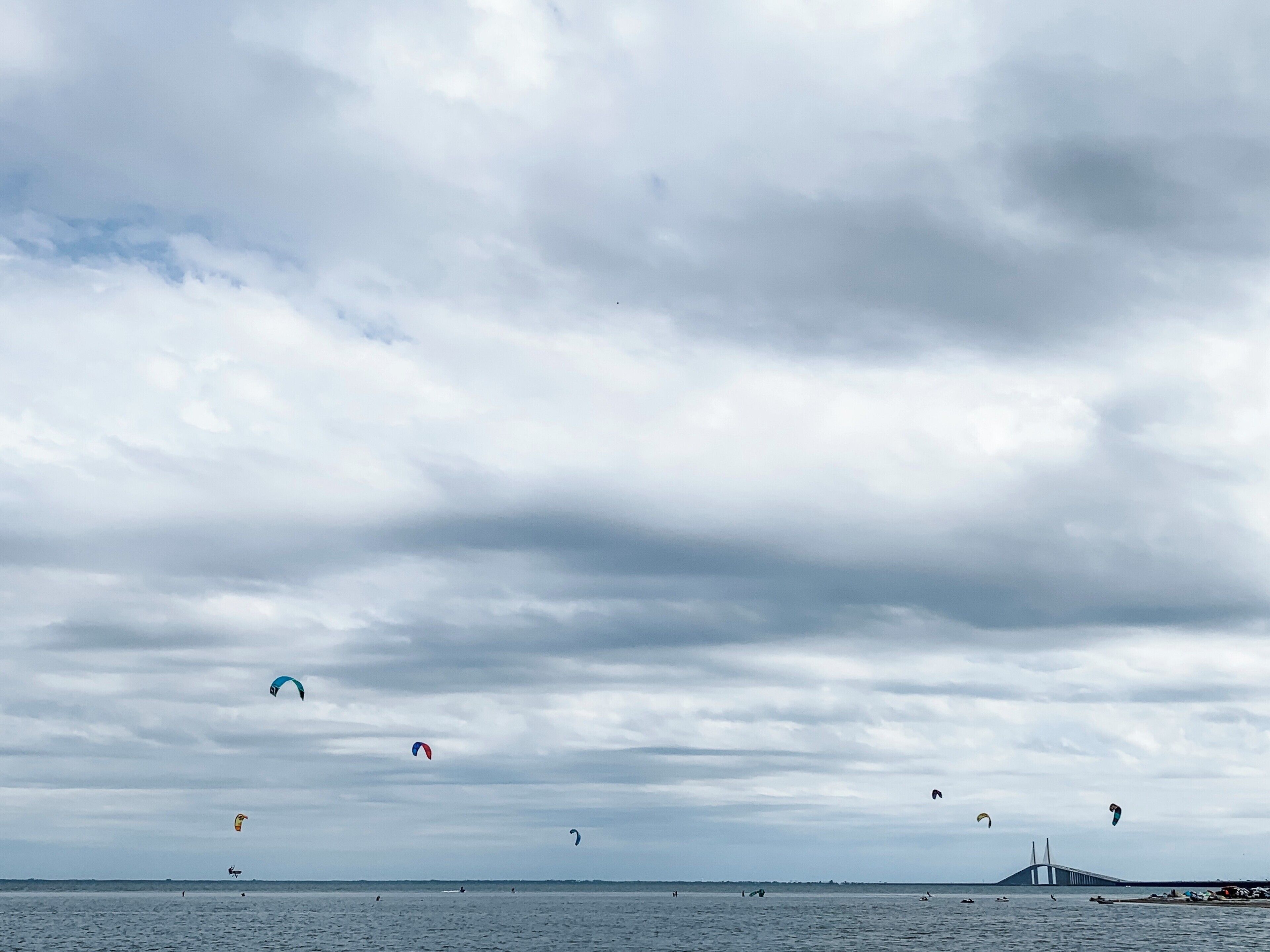 Kite surfers in Tampa Bay enjoying the gusty cooler weather today... area just to the north of the Skyway Bridge for people to fish and enjoy the bay