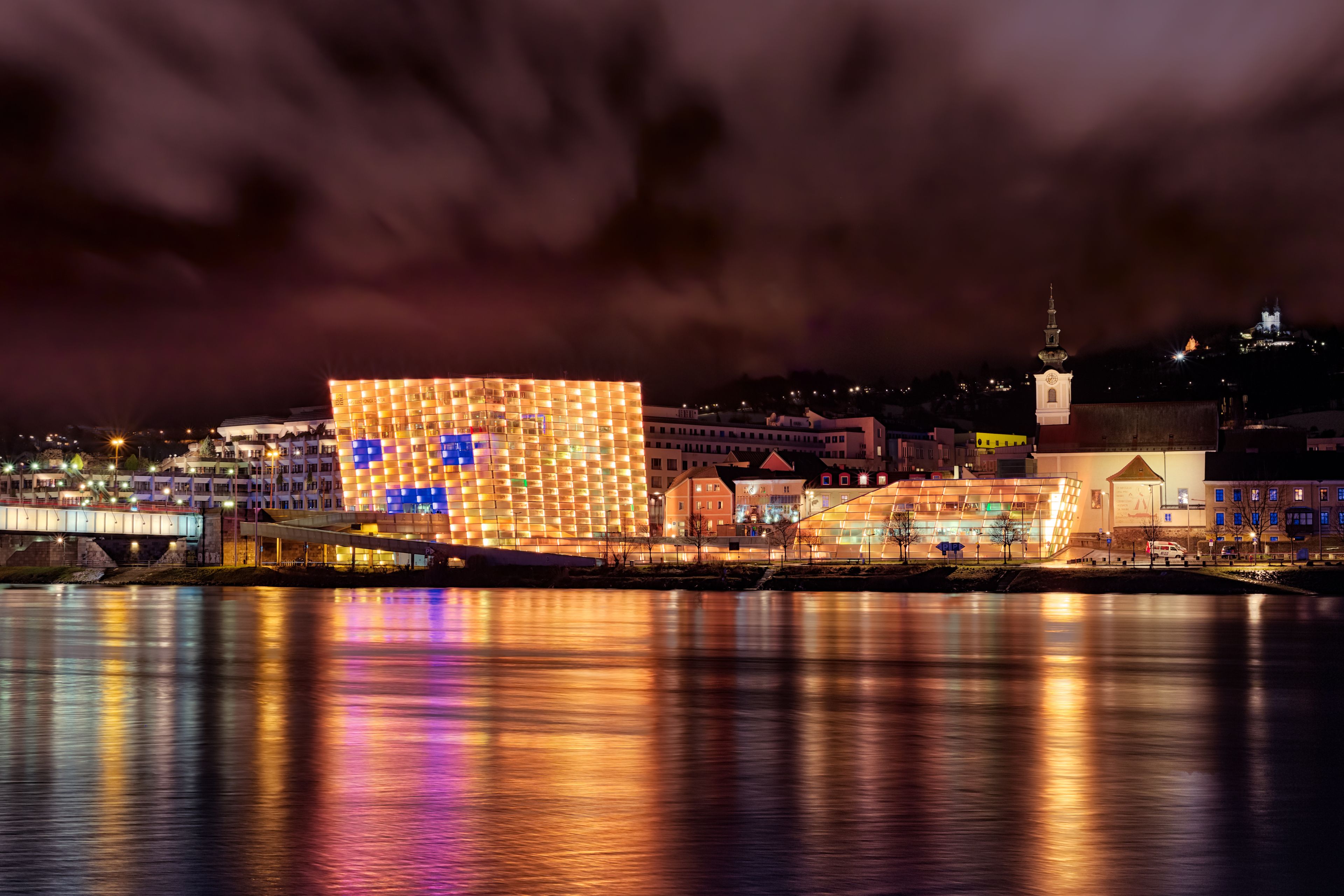 Linz city lights, churches, Ars electronica center