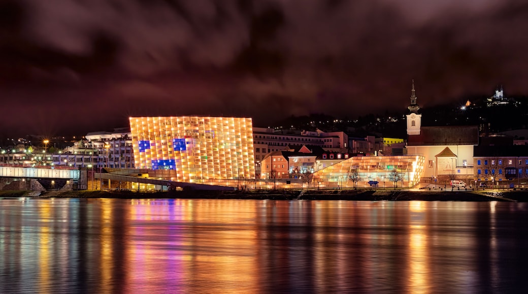 Linz city lights, churches, Ars electronica center