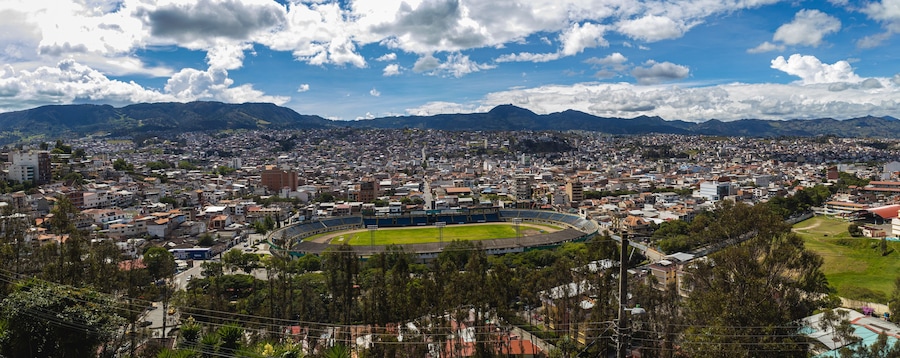 Un paisaje urbano con un estadio grande rodeado de edificios residenciales y montañas al fondo.