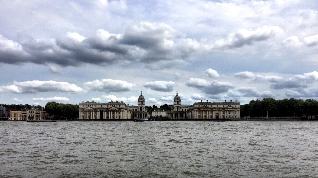 Royal Naval College, Greenwich. Taken from the North bank of the Thames in the small park. Get to it by the Greenwich Foot Tunnel under the Thames (the entrance is by the Cutty Sark on the South bank).