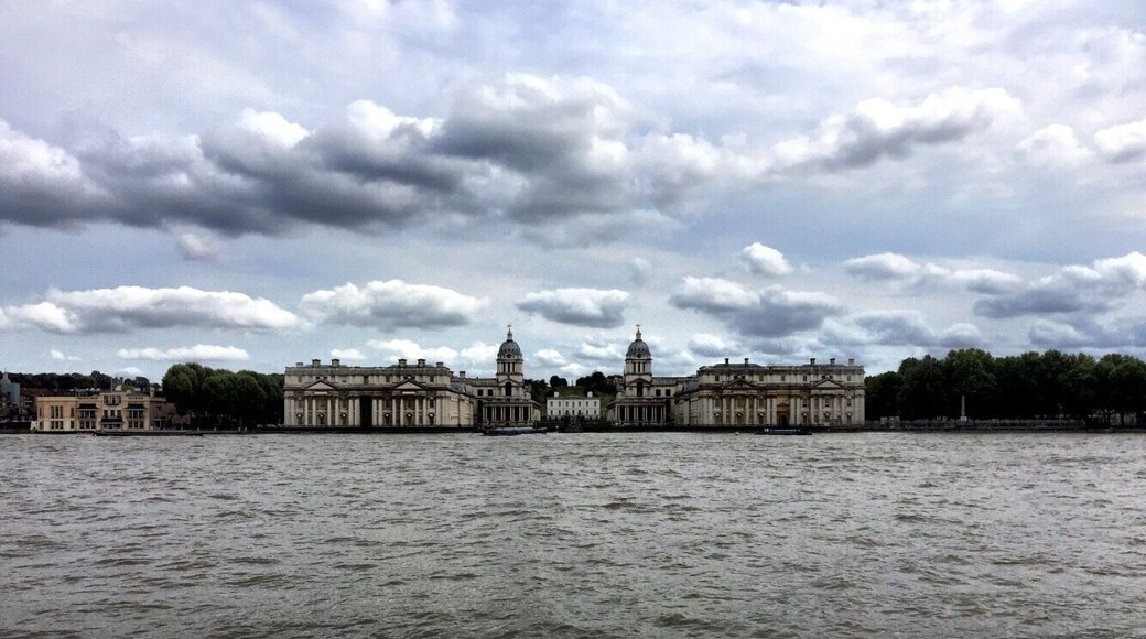 Royal Naval College, Greenwich. Taken from the North bank of the Thames in the small park. Get to it by the Greenwich Foot Tunnel under the Thames (the entrance is by the Cutty Sark on the South bank).