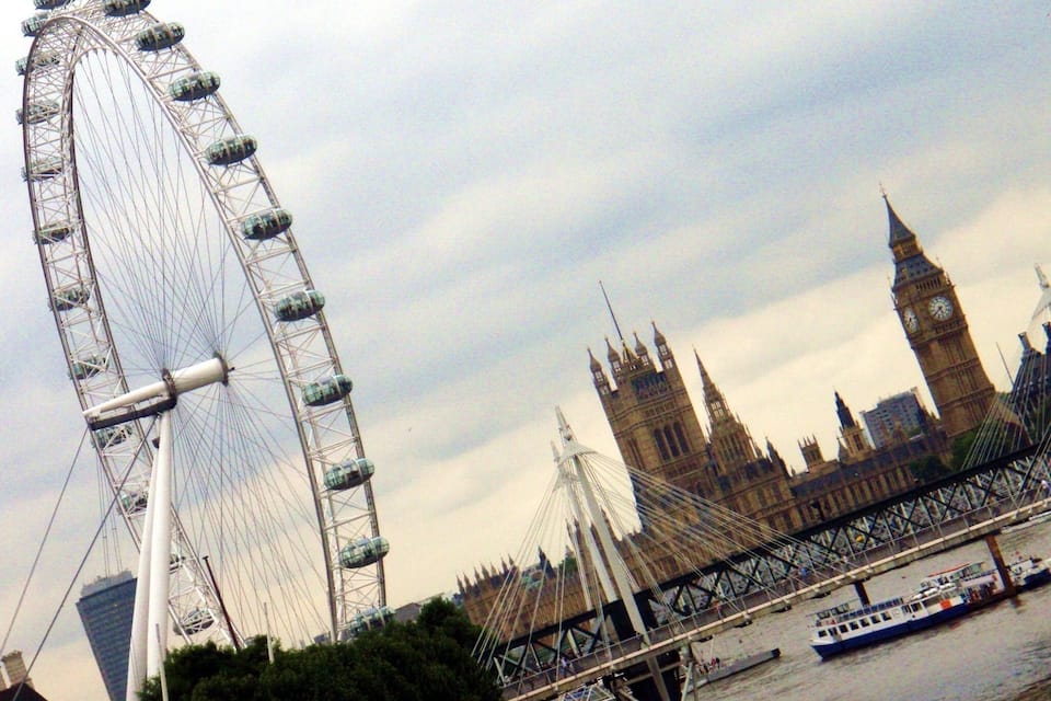 The London Eye, the Tower Bridge, and the Houses of Parliament.