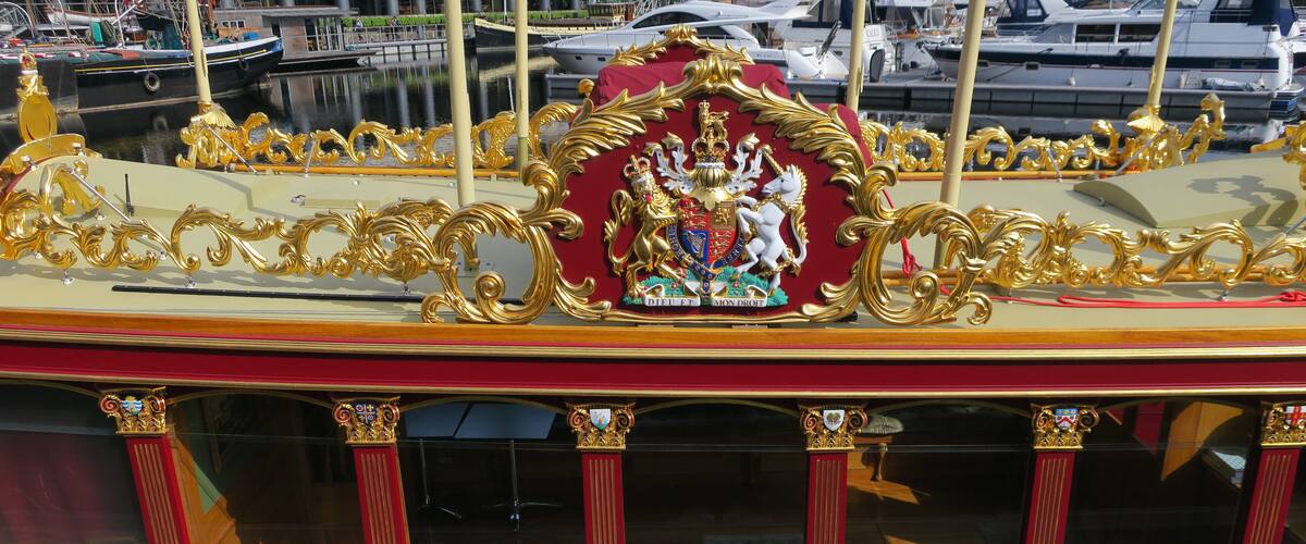 The royal crest on the Queen's Barge at ST Katherine's Dock