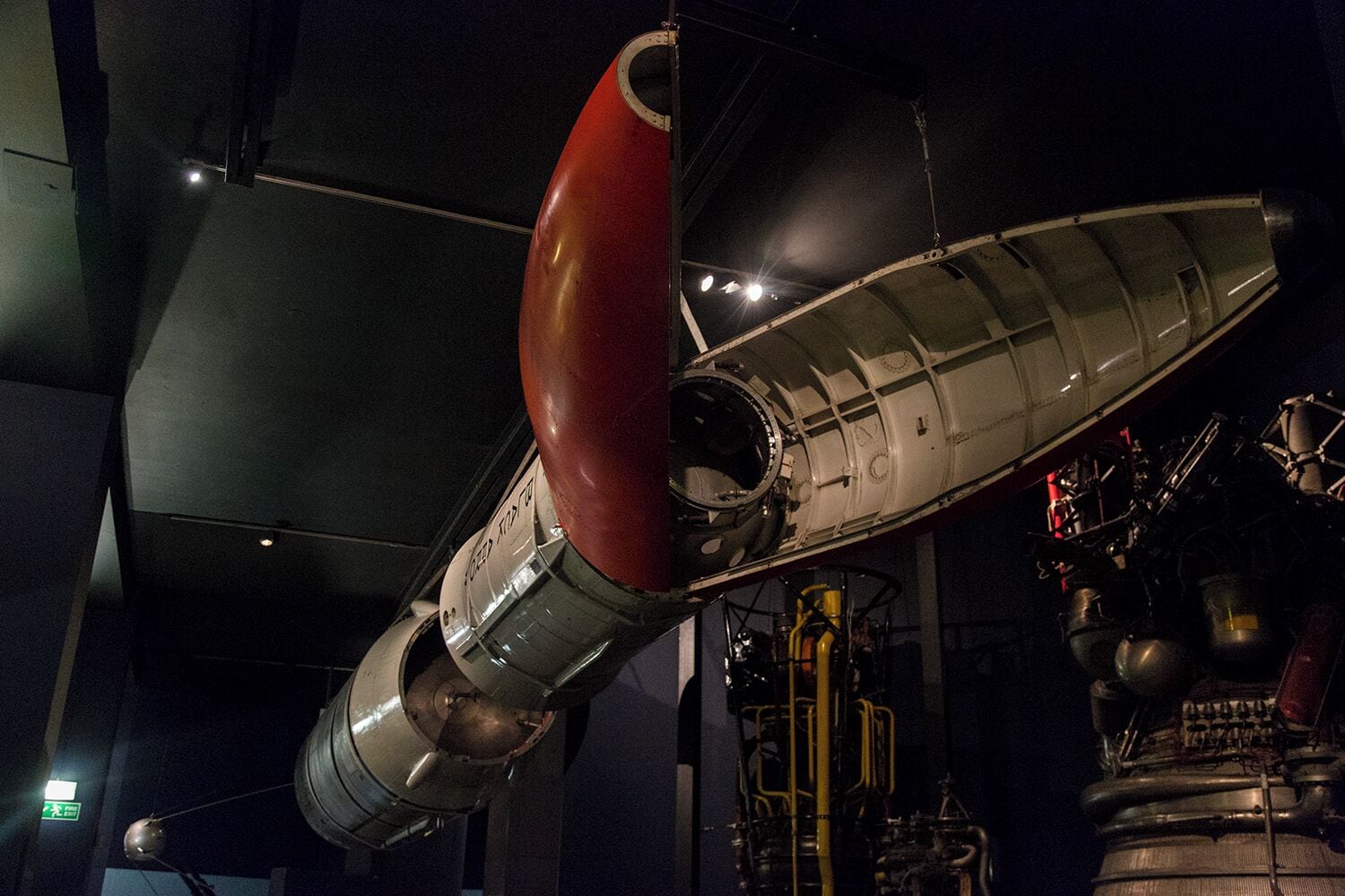 The science museum contains rockets, a lunar landing shuttle, moon rocks, planes, cars, etc.